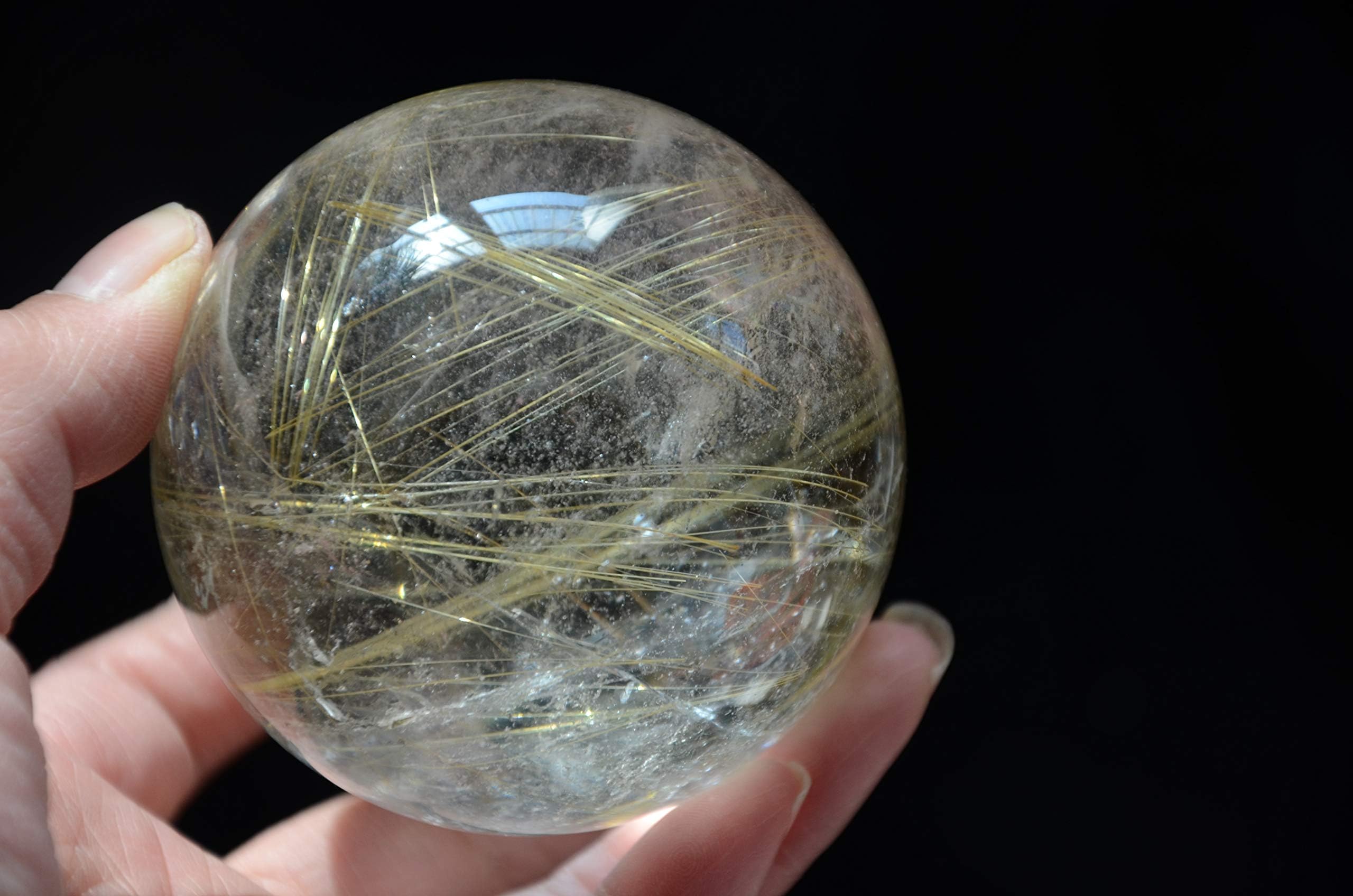 Real Tibetan Himalayan High Altitude Clear Gold Rutilated Crystal Quartz Ball Sphere Orb 2.71 Inch Spiritual Reiki Healing