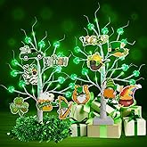 obbsie 2 Pack St Patricks Day Decorations, 24in Lighted St Patricks Table Tree with Tinsel & Gnomes Ornaments Battery Operated Timer 24 LED St Patricks Shamrock Tree for Party Festival Home Decor