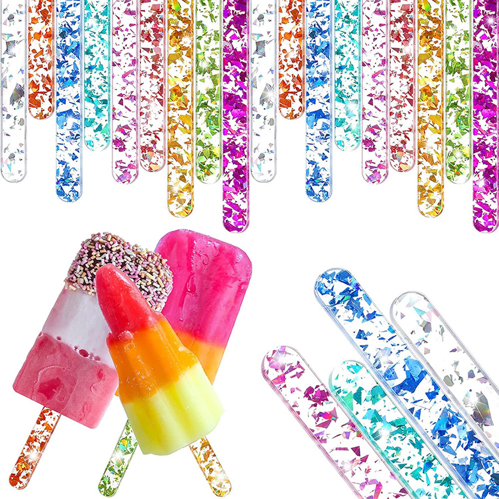 80pcs Reusable Acrylic Cakesicle Popsicle Sticks Mirror Lolly Sticks Ice Cream Sticks for Candy Ice Creamsicle DIY Crafts Party Favors (Mixcolored)