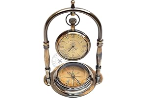 Hanzla Collection Maritime Compass Base Nautical Table Clock Ship's Clock Antique Brass Hanging Desk Clock Victoria London Pocket Watch Vintage Decorative Clock for Your Love one & Wedding Gift