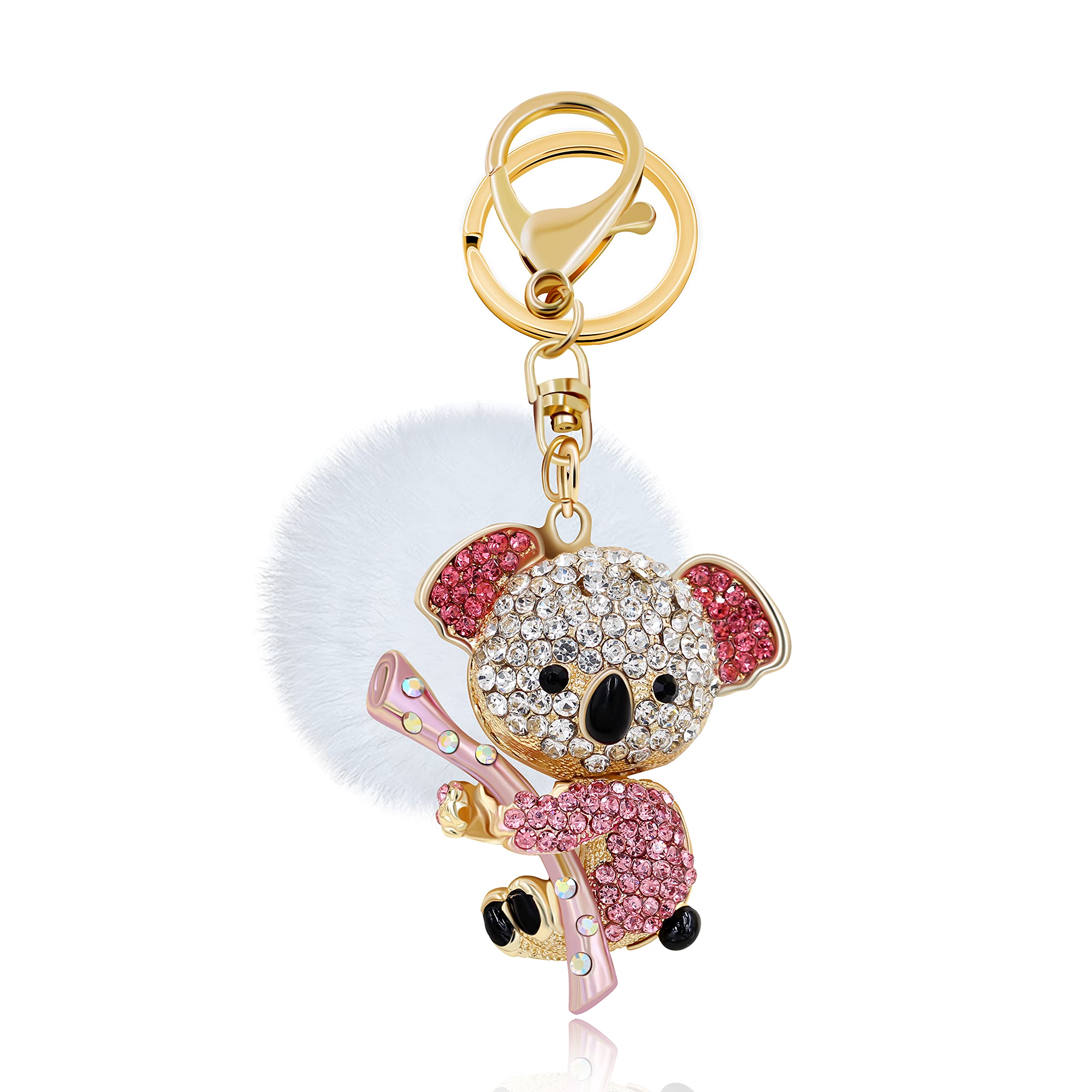 Uloveido Cute Pink Crystal Koala Keychain for Teen Girls Women Kids Charms with White Fur Ball