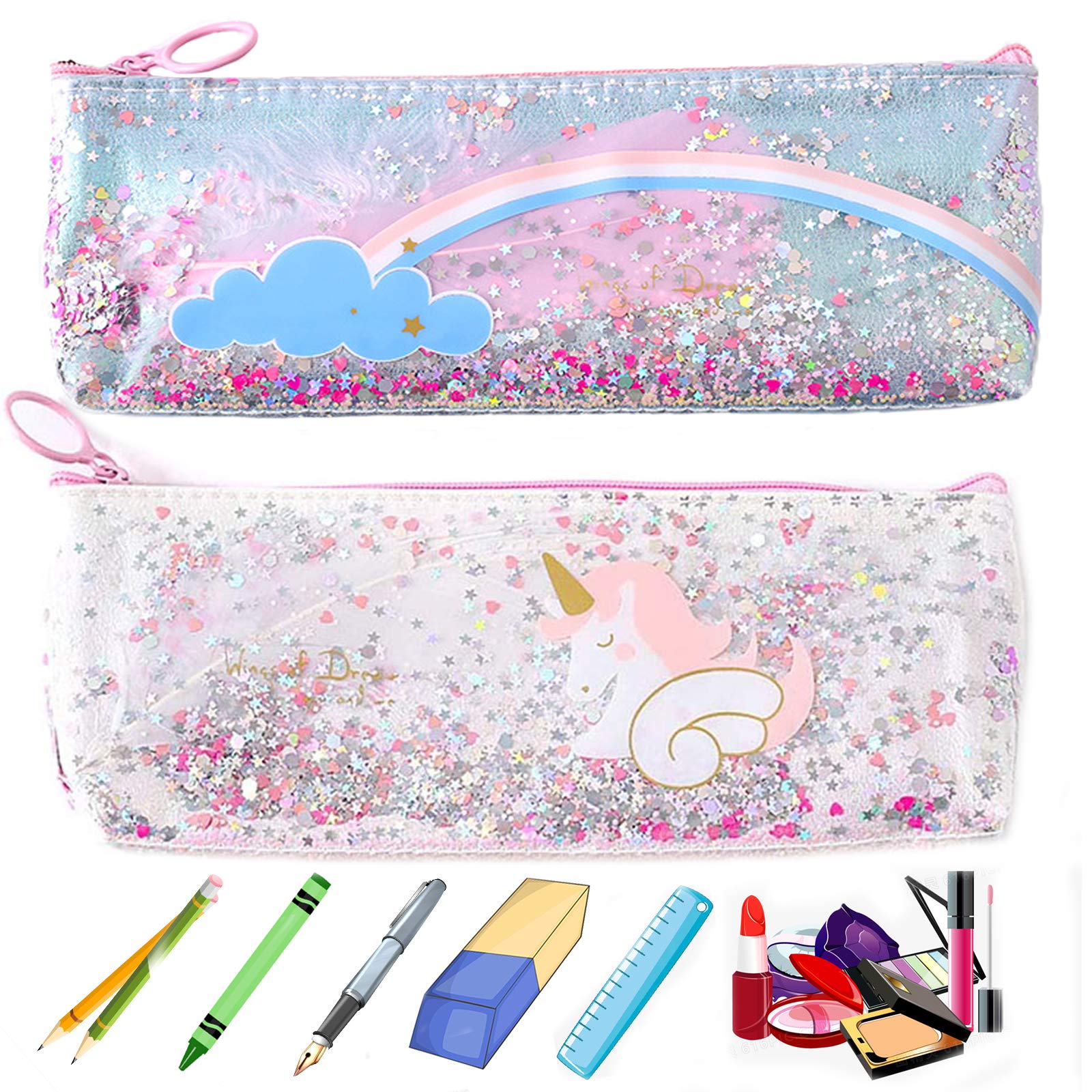Unicorn Pencil Case Multifunction PVC 2 Pcs Pencil Cases Cartoons Unicorn Pencil Pouch School Pencil Case Children Cute Pencil Bag with Zipper for Pencil Pen Eraser Ruler Blue White Boy Girl