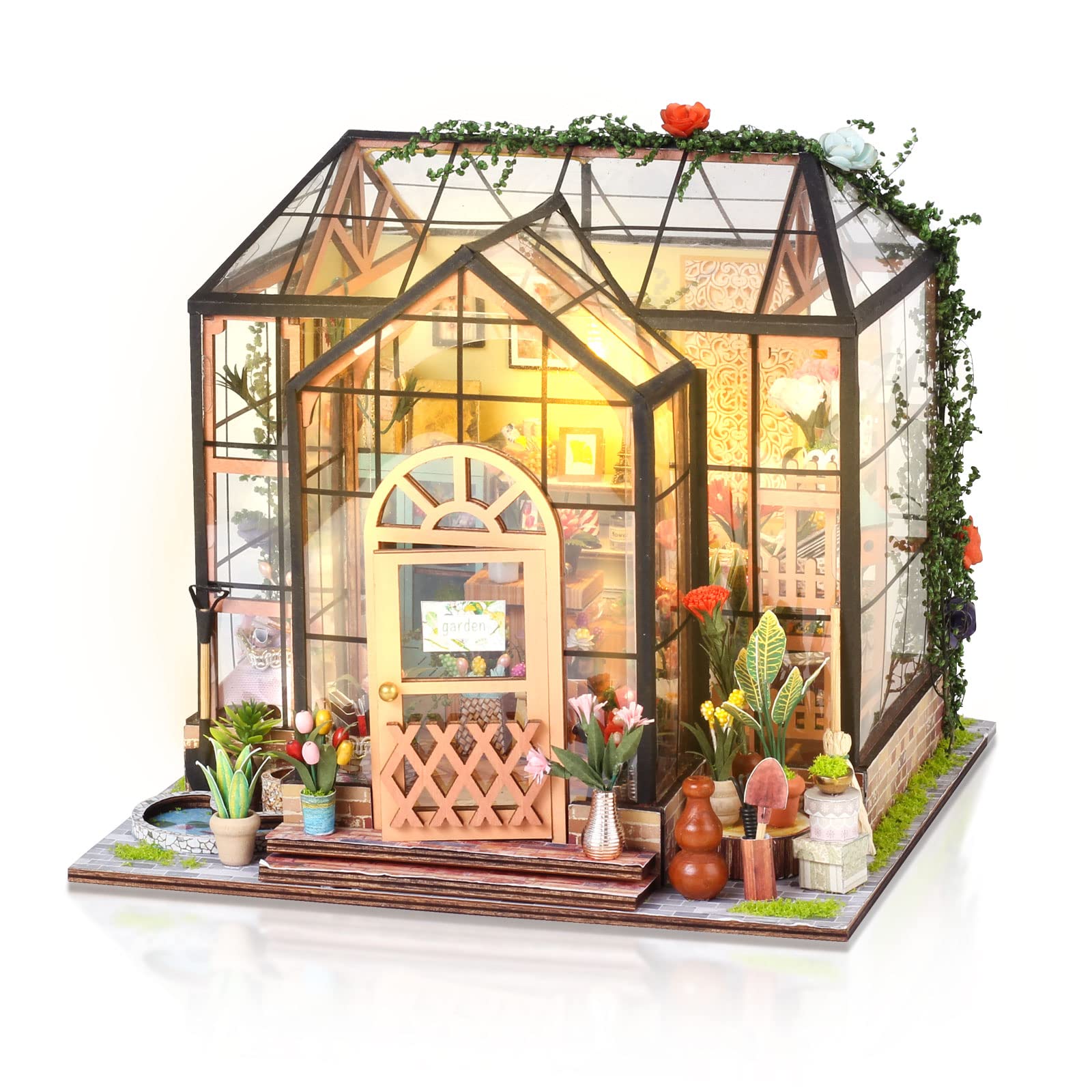 Cuteefun Miniature DIY Dolls House Kit, 1:24 Miniature Greenhouse Craft Kit for Adults, LED Warm Light, Handmade Crafts for Adults Birthday Valentine's Day Father's Day (Flower House)