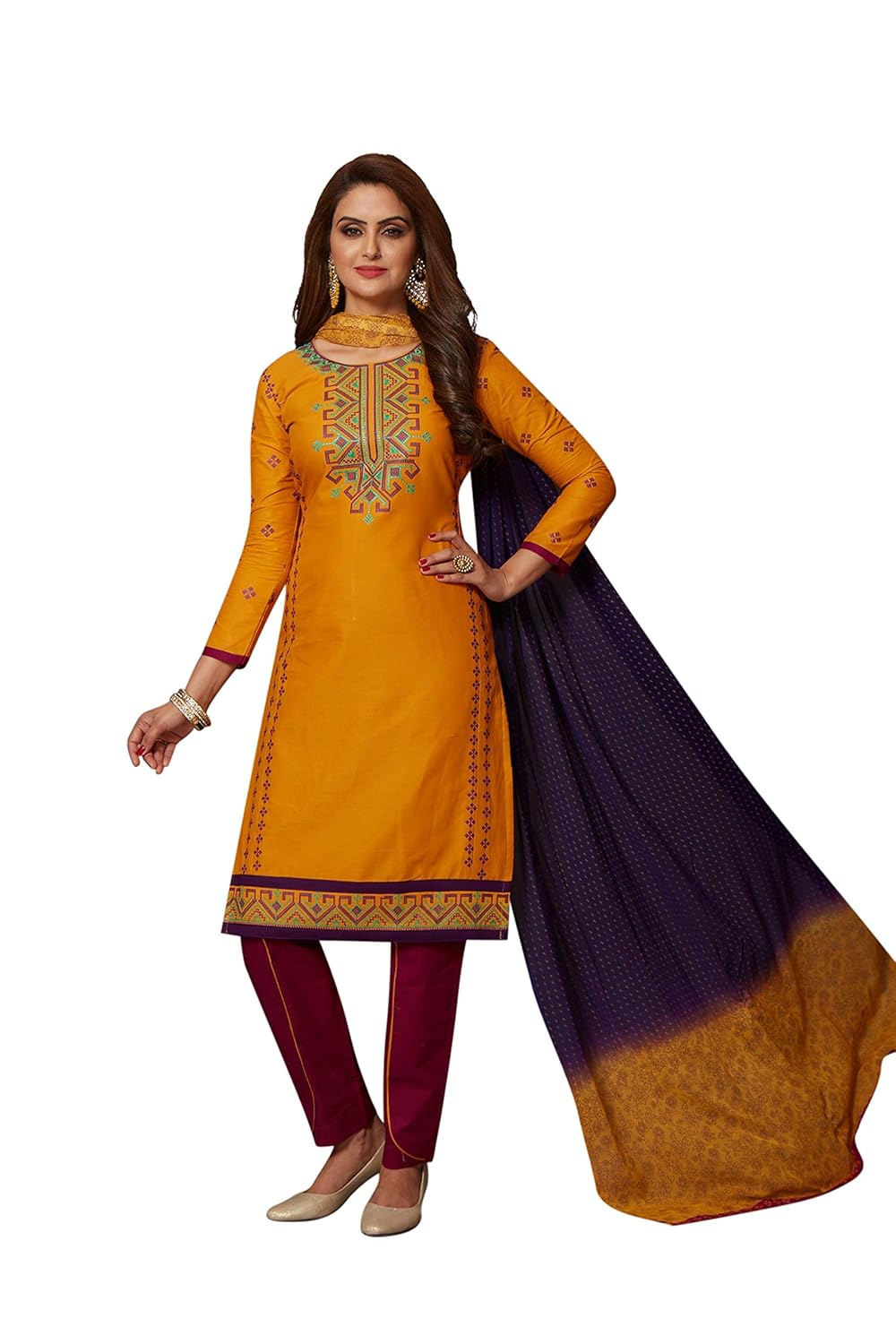 Buy Roha Fab 100 Cotton Blue Yellow Gold Maroon Red Designer Combination Salwar Suit Dress Material For Girls Women At Amazon In