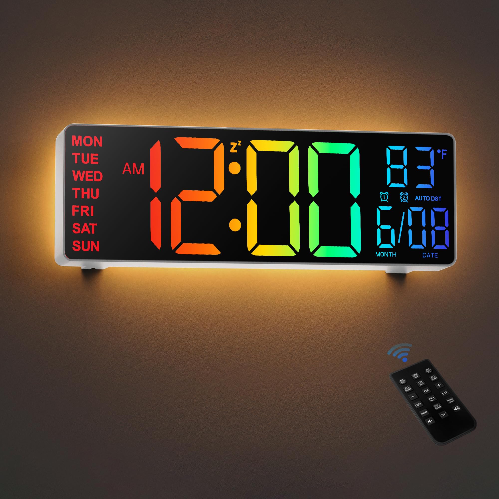 HAITANG 10.5 Inch Large Digital Wall Clock With Temperature, Date And Day, RGB Color Auto Brightness Dimmer, Night Lights, Auto Dst, 24/12-Hour Led Wall Clock For Desk Bedroom Office