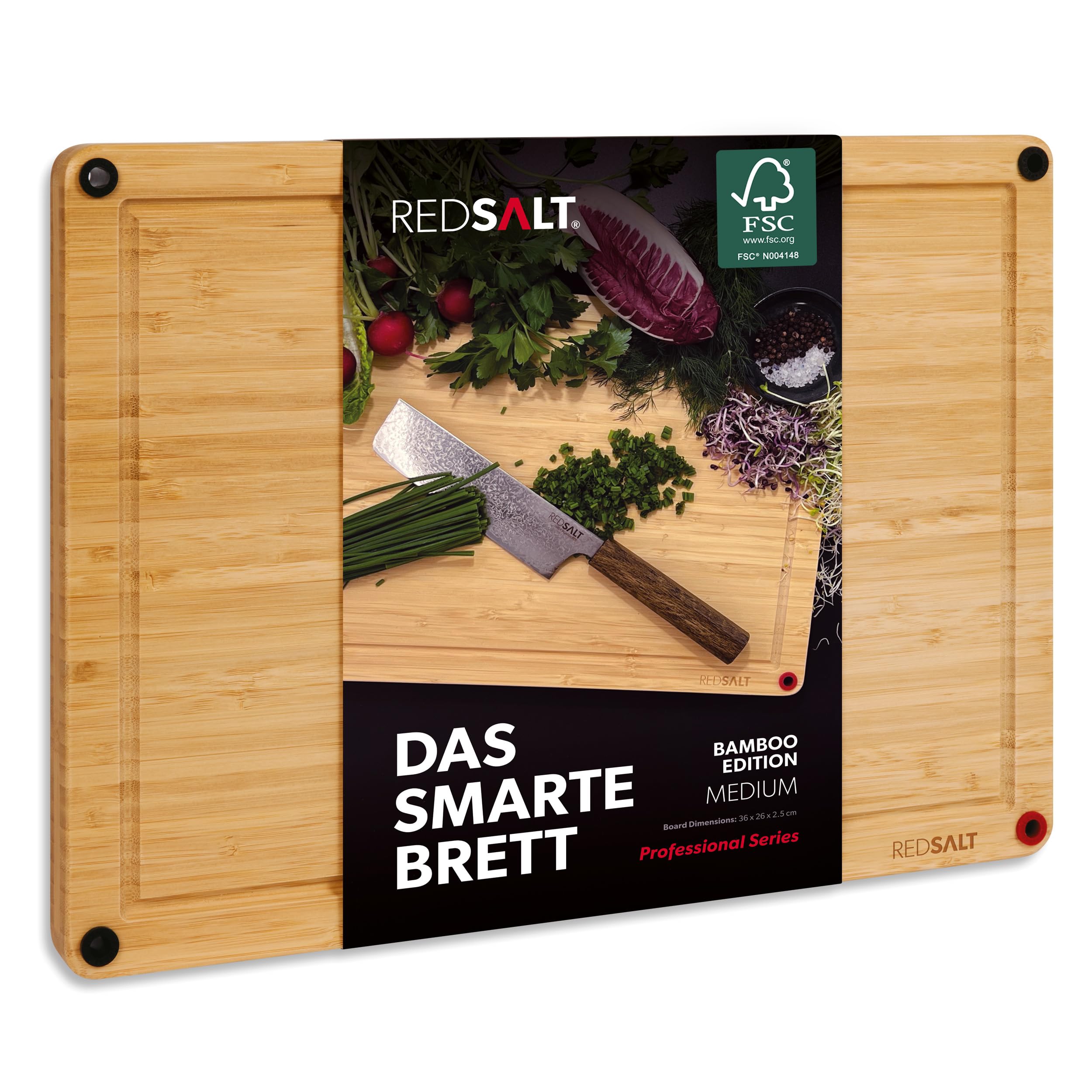 REDSALT® Innovative Bamboo Wood Chopping Board M 36 x 26 x 2.5 cm Wooden Board Reversible Non-Slip Deep Juice Groove Premium Chopping Board for Kitchen Grill The Sustainable Gift