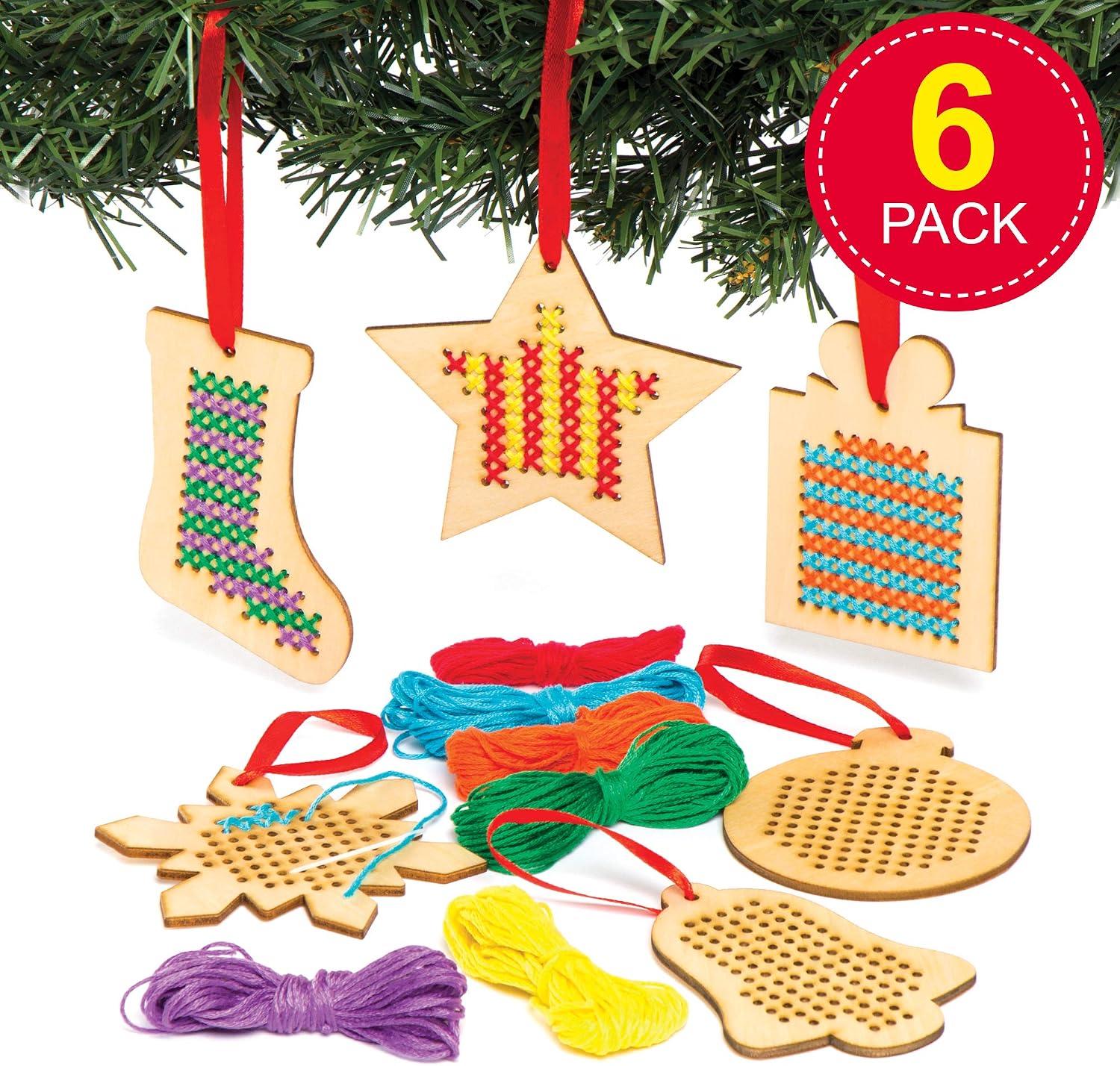 Baker Ross AC505 Christmas Wooden Decoration Cross Stitch Kits (Pack of 6), Assorted, 7cm-9cm wide - Image 3
