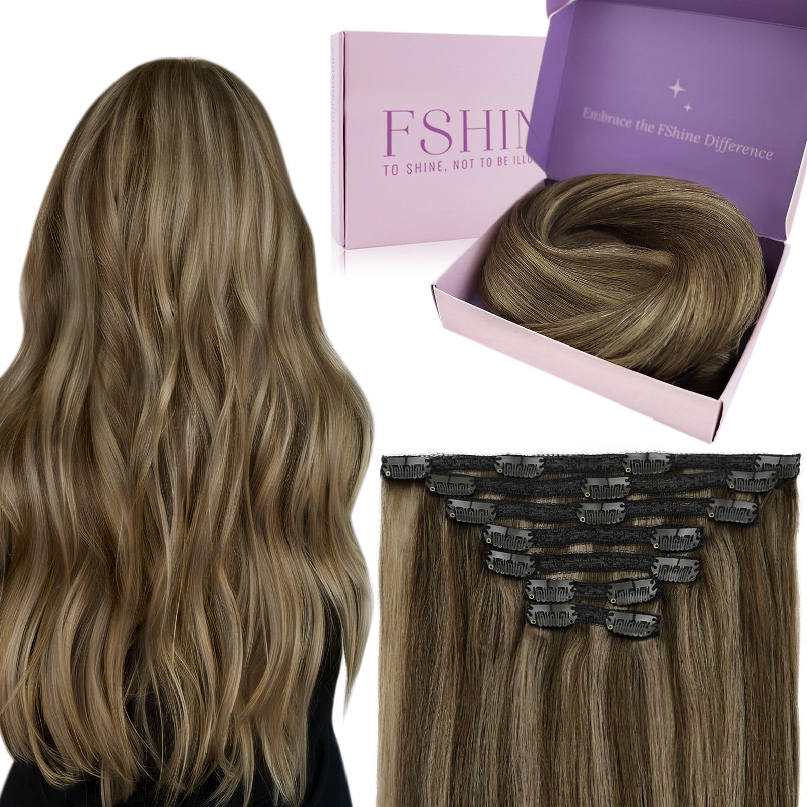 Fshine Clip In Hair Extensions Human Hair for Women Medium Brown and Caramel Blonde Highlights Clip In Extensions Human Hair 35cm 7Pcs Hair Extensions Clip In 120g, 14 inch — image 1