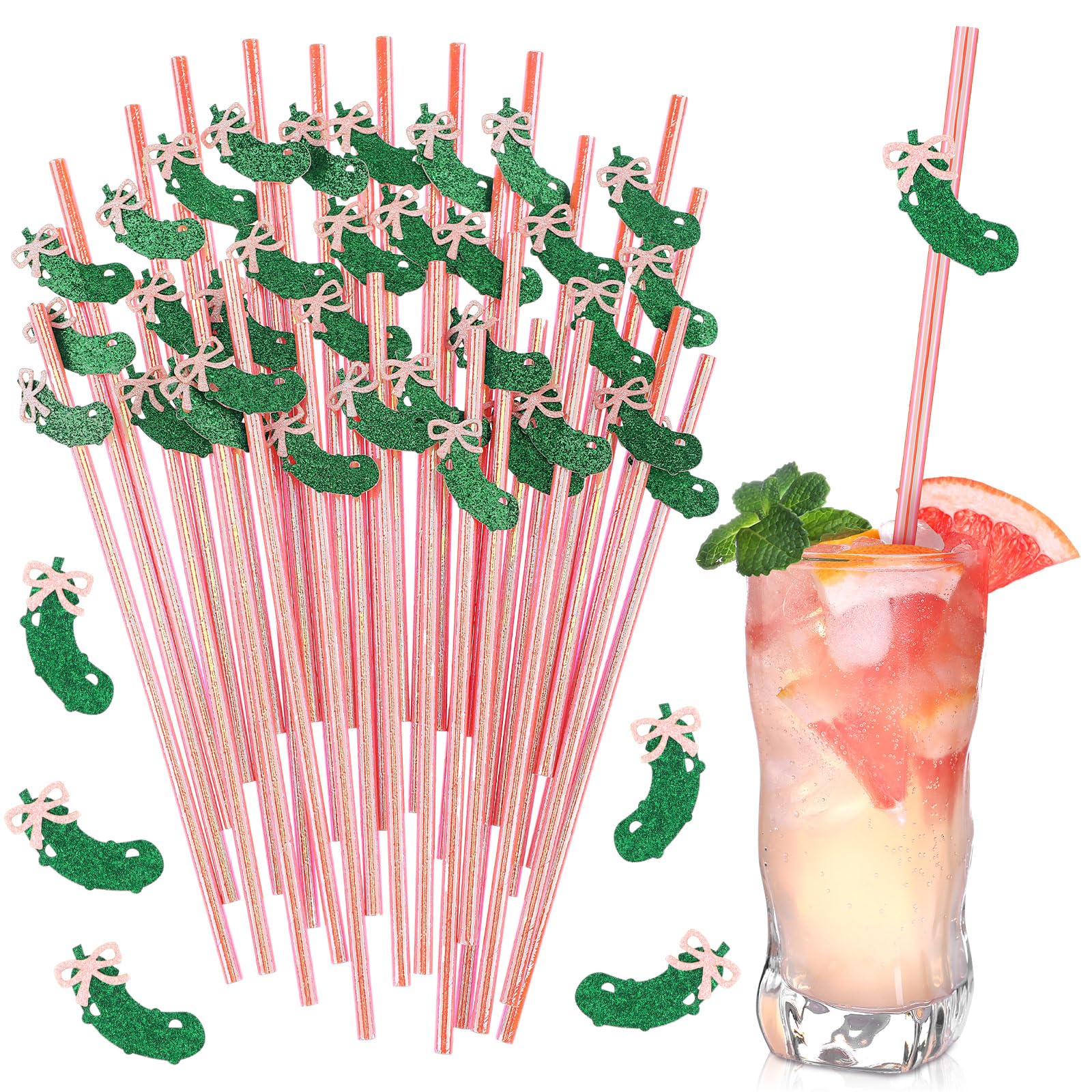 Photo 1 of Bokon 50 Pcs Funny Pickle Bachelorette Party Supplies Pickle Straws Shiny Foil Pink Straws with Glitter Cucumber Bow Bachelorette Coquette Birthday Party Decoration or Girl Supplies