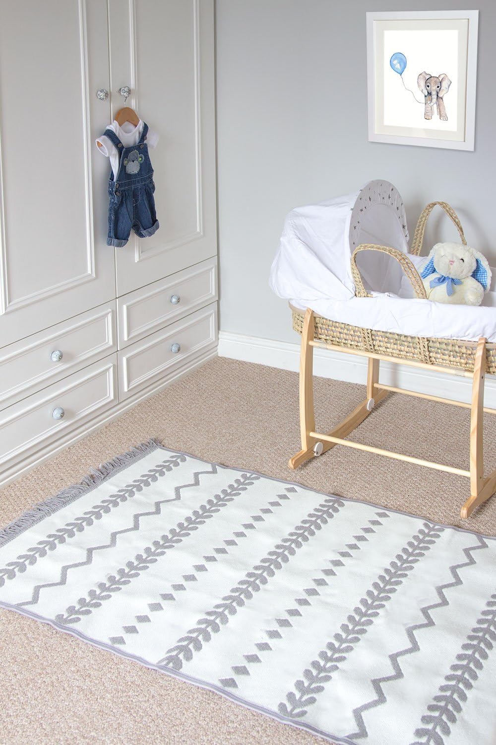 Grey Striped Scandi Nursery Rug for Baby Boy or Girl Room