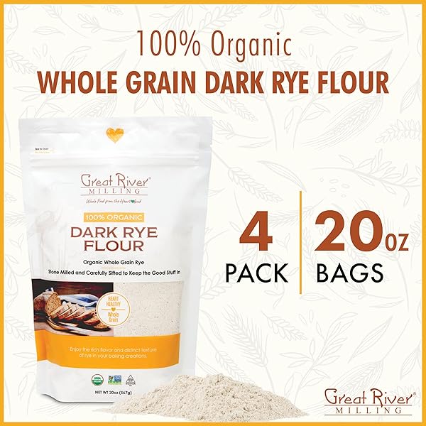 ORGANIC DARK RYE FLOUR BY GREAT RIVER MILLING, WHOLE GRAIN RYE FLOUR FOR BREAD, SOURDOUGH STARTER, CERTIFIED KOSHER, NON GMO, 20 OZ. (PACK OF 1)