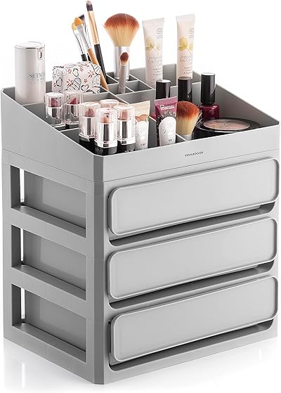 InnovaGoods - Make-up Organizer mit 3 Schubladen und 9 Fächern, Große Kapazität, Multifunktional für Kosmetik, Schmuck, Büromaterial, Einfache Reinigung, Grau, Polypropylen