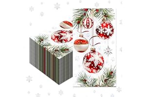 100Pcs Christmas Paper Napkins Disposable Christmas Cocktail Napkins Xmas Ball Ornaments with Pine Leaves Patterns Decorative