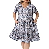 Agnes Orinda Plus Size Summer Boho Dresses for Women V Neck Short Flutter Sleeve Argyle Midi Sun Dress Beach Flowy