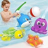JOYIN Bath Fishing Toy Set for Toddlers - Magnetic Toy with Fishing Rod, Spinning Octopus and Starfish, Wind-up Shark and Tur