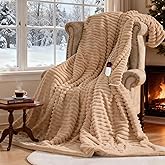 AEPINBH Heated Electric Blanket Throw: 6-Level Fast Heating, 4-Hour Auto-Off, Soft&Warm Stripe Faux Rabbit Fur, for Couch Home Office, with Overheating Protection & ETL Certified (50 x 60,Khaki)