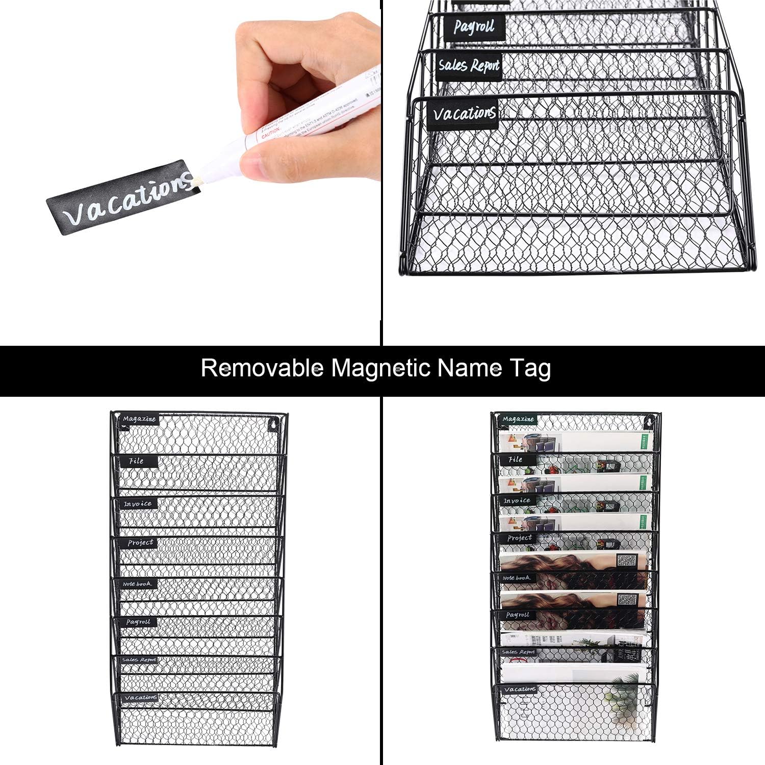 PAG 8 Pockets Wall File Holder Wall Mounted Mail Organizer Metal Chicken Wire Hanging Maganize Rack, Black : Office Products