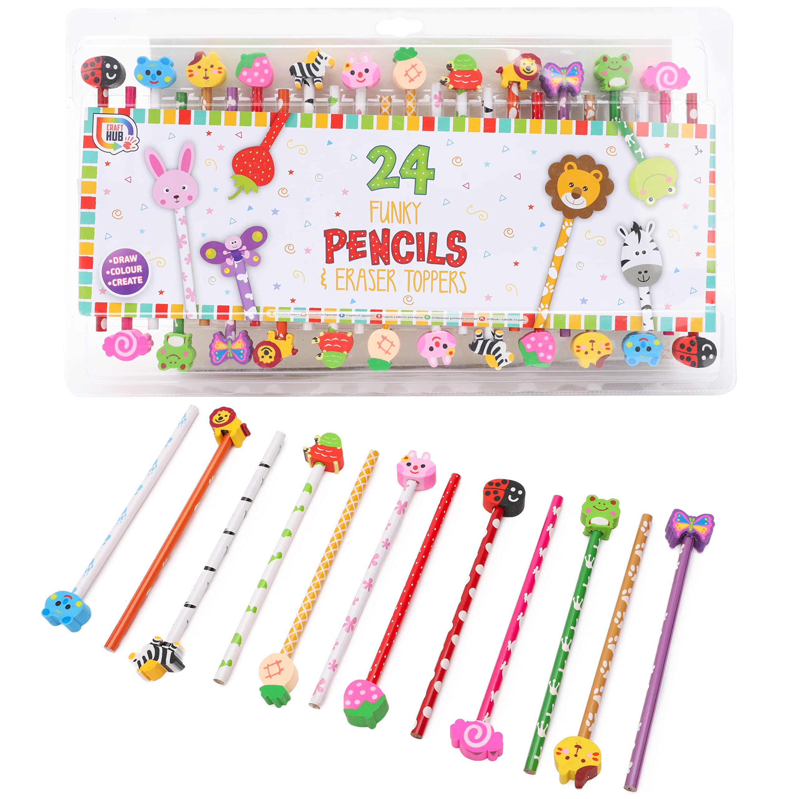 Toyland® 24 Assorted Lead Pencils with Funky Easer Toppers - Children's Novelty Stationary - Party Bag Fillers