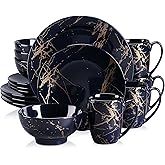 LOVECASA Porcelain Dinnerware Sets for 4, 16 PCS Plates and Bowls Set, Color Glaze with Gold Plate Dish Set, Dinner Sets with Dinner Plates, Dessert Plate, Bowls and Mugs, Dark Blue