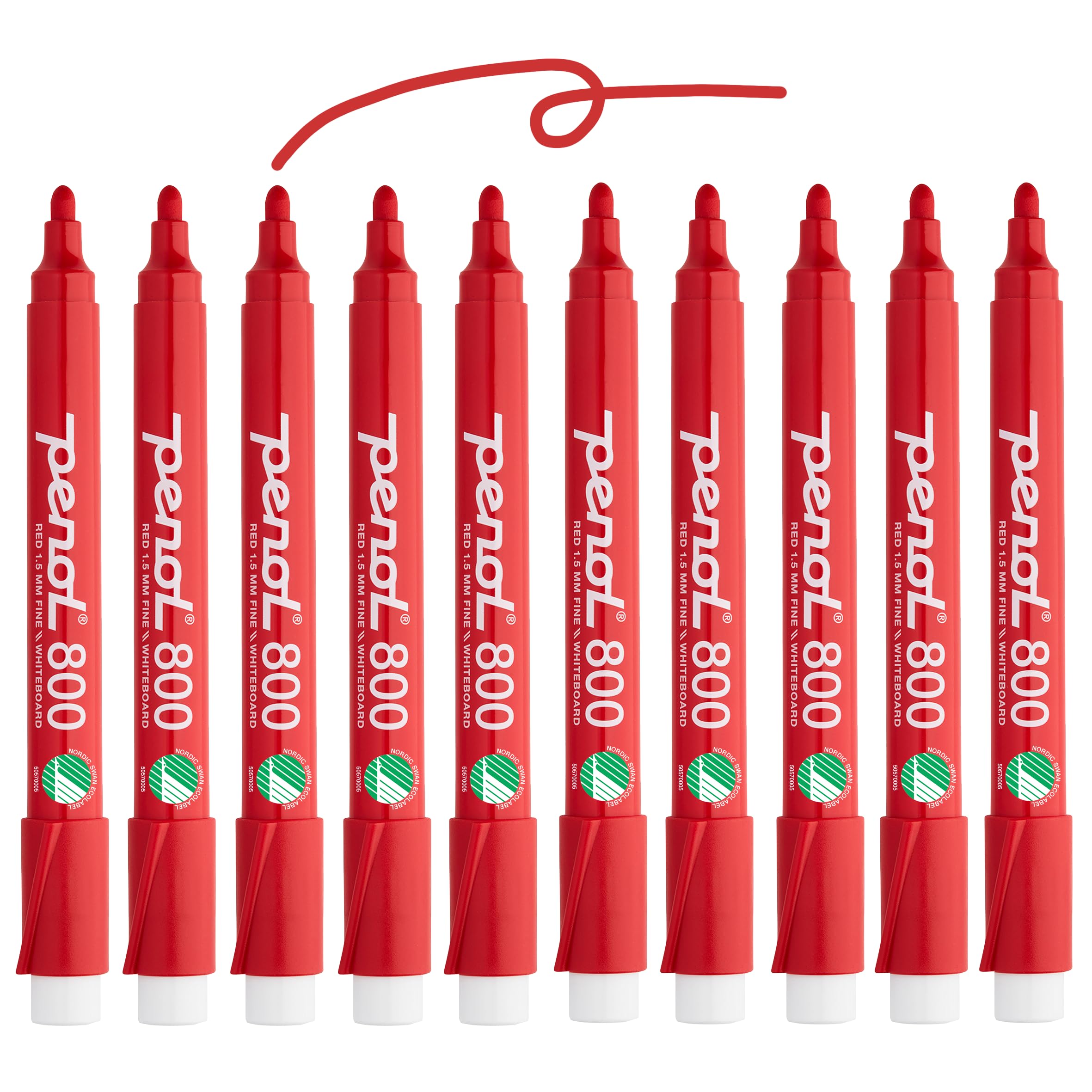 PENOL Whiteboard Markers, 10 Whiteboard Pens in Red Color - 800, 1.5mm Bullet Tip Dry Erase Marker with Nordic Swan Ecolabel, Non-Toxic & Odorless Board Pens for Office, Schools and Home