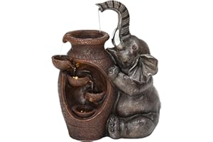Ultym 19" Elephant Jars Outdoor Fountain, 5-Tier Rustic Playful Resin Statue Water Feature with Lights, Soothing Cascading Waterfall for Charming Tranquil Garden, Patio, Yard, Porch, or Home Décor