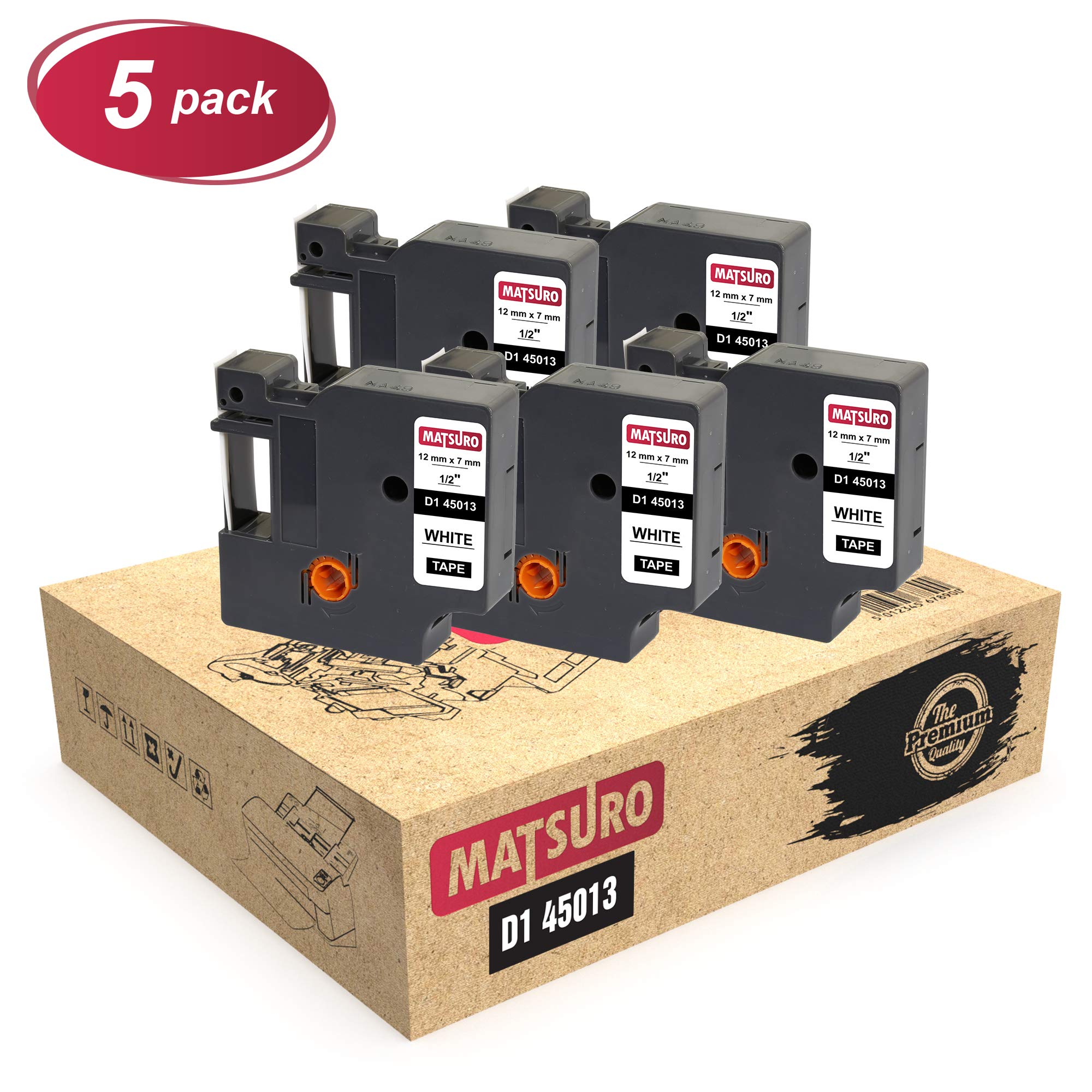 Matsuro Original | Compatible Label Tapes Replacement for DYMO D1 45013 S0720530 Black on White (12 mm x 7 m | 5 Pack)
