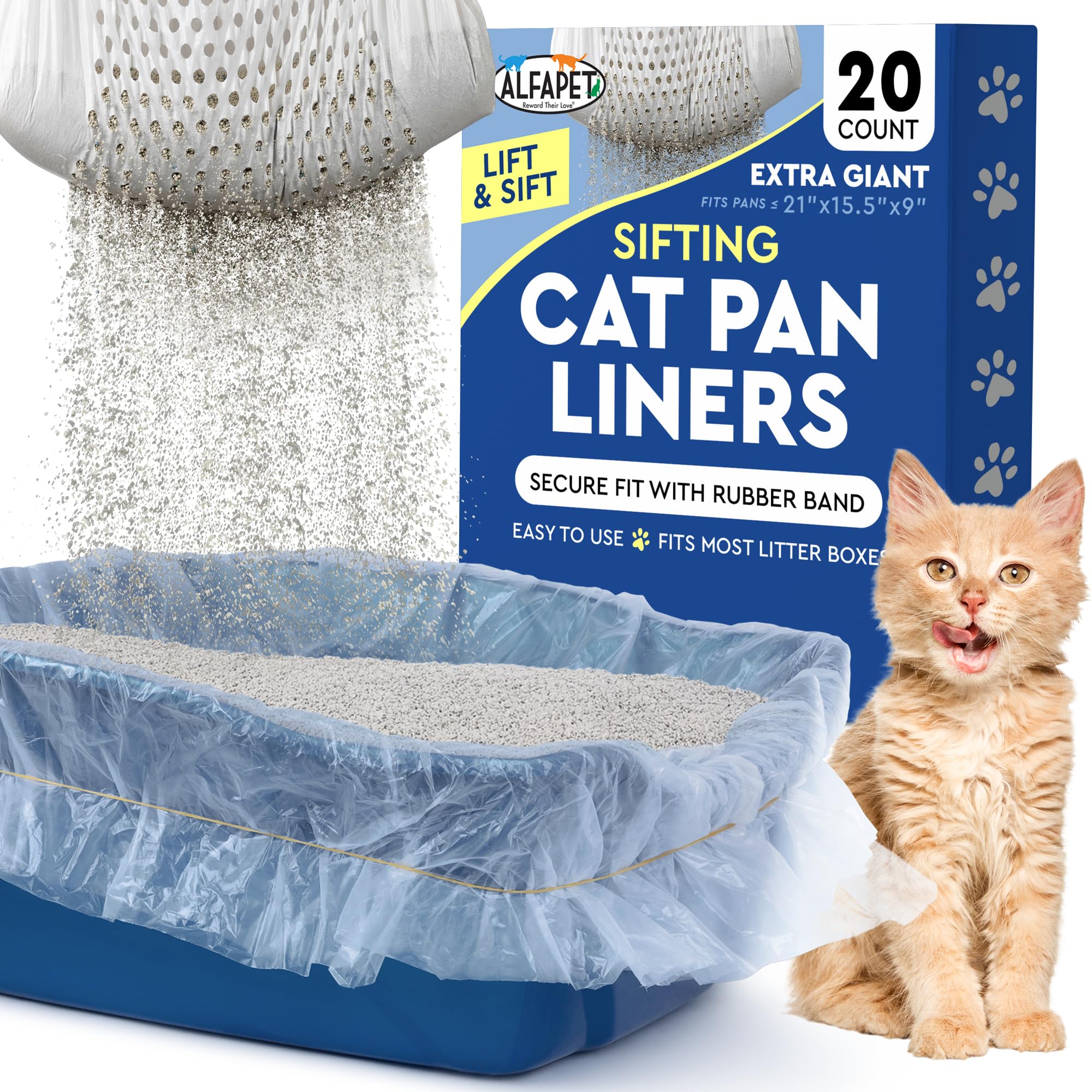 Photo 1 of Alfapet Original Sifting Cat Litter Box Liners - Extra Giant 20 Count - Tear-Resistant Cat Litter Bags - Waterproof Kitty Litter Liners - Fits Almost All Litterbox Pan Sizes, 40" x 38", 30 lb Capacity