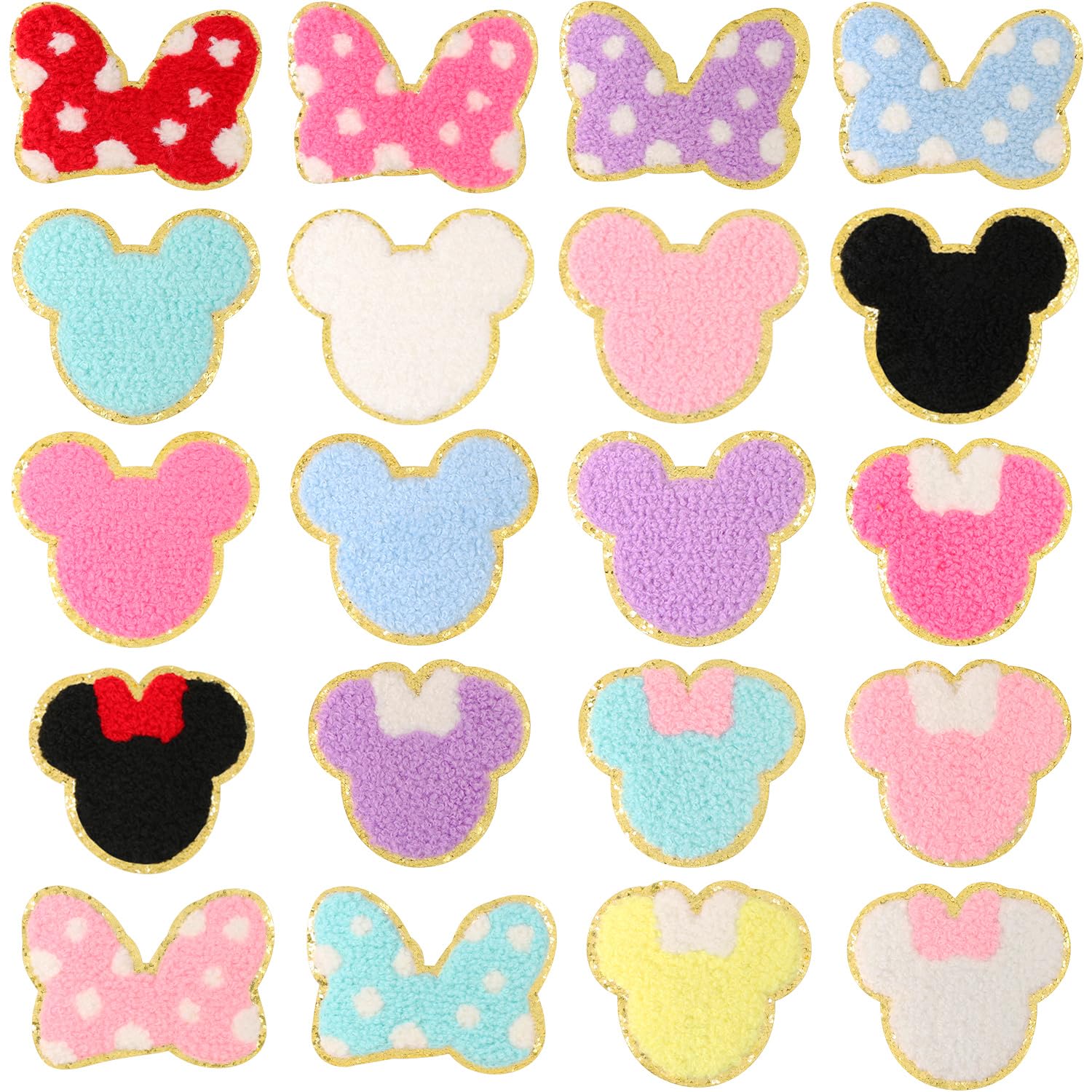 Photo 1 of 20 Pcs Chenille Mouse Patches, EVERMARKET Cute Iron on Mouse Head Bows Patches Chenille Embroidered Applique Patch 