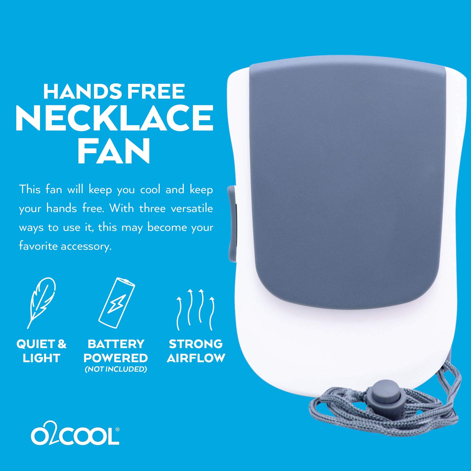 O2COOL Deluxe Necklace Fan | Battery Powered, Hands-Free Personal Cooling Fan w/Adjustable Lanyard, Table Top Stand + Wearable Clip - Gray (2 Pack)