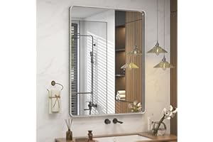 CHARMOR 24x32 Inch Brushed Nickel Bathroom Mirror, Rounded Rectangle Silver Metal Frame Mirror, Silver Bathroom Vanity Mirror, Anti-Rust, Hangs Horizontally or Vertically
