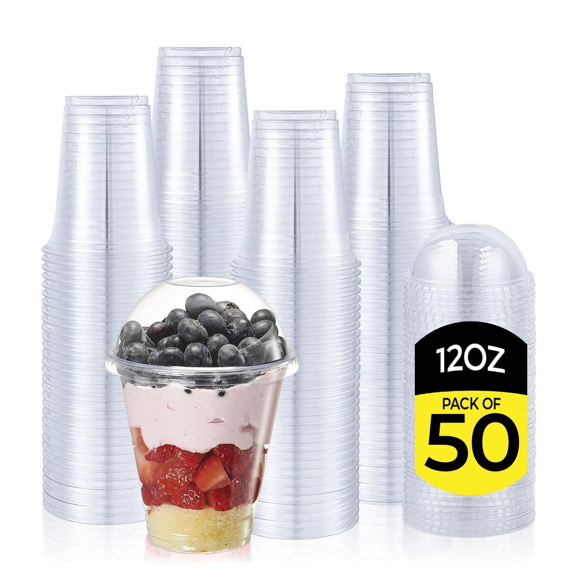 Zuvo Plastic Smoothie Cups with Dome Lids - 12 OZ (Pack of 50) - Strong Clear Plastic Cups for Milkshakes, Smoothies, Iced Coffee, Slusly and Bubble Tea - 100% Reusable Cups