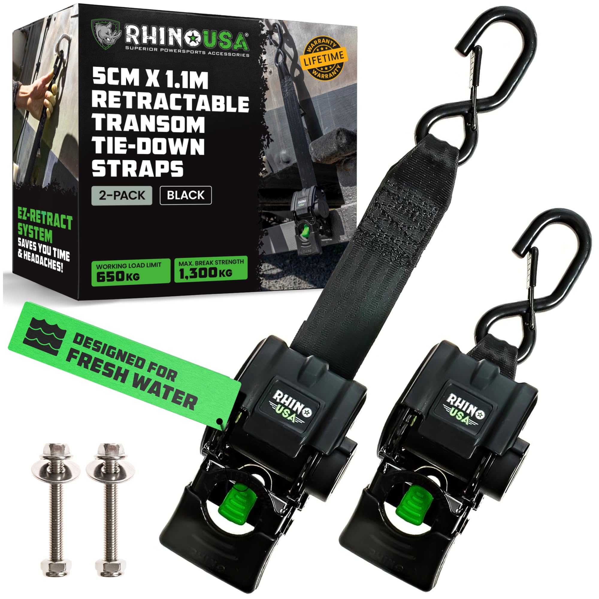 Rhino USA Retractable Boat Trailer Straps (2-Pack) - Heavy Duty 5cmx1.1m, 1300kg Tie Down Straps to Trailer - Ultimate Transom Tie Down Straps for Boat, Jet Ski & More! Powder Coated Black, Steel