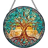 Yjeslw Tree of Life Stained Glass Window Hanging Suncatchers, Tree of Life Sun Catchers Indoor Window Glass Wall Art Decor, Nature Wall Hanging Decorations Sculptures, 7.9x7.9in