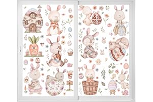 VAWCORNIC 12 Sheets Big Size Easter Window Clings - Cute Bunny Eggs & Flowers Window Decals - Home, School, Office & Party Supplies
