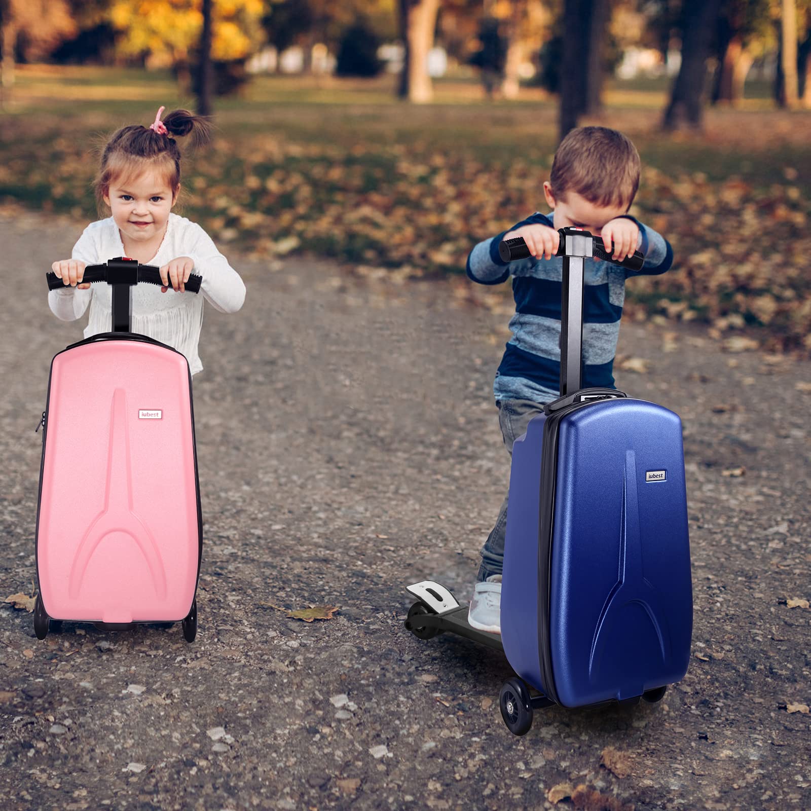 iubest Scooter Luggage Carry On Scooter Suitcase for Kids Age 4-15, Detachable & Foldable 4 in 1 Kids Suitcase, Multifunctional Ride On Travel Trolley Scooter Combo-Blue