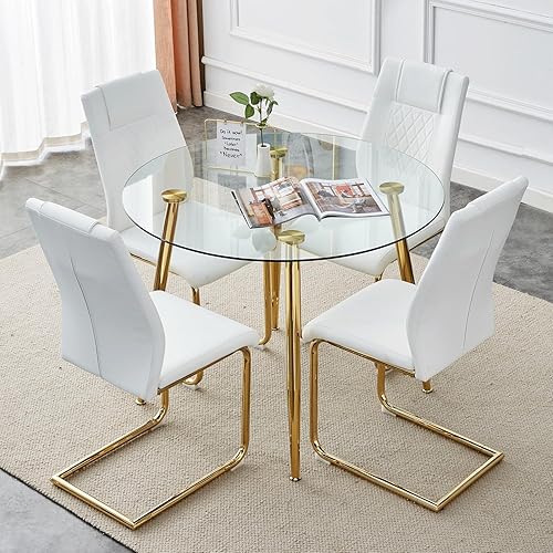Round Glass Dining Table,Modern Round Kitchen Table for 4,Gold