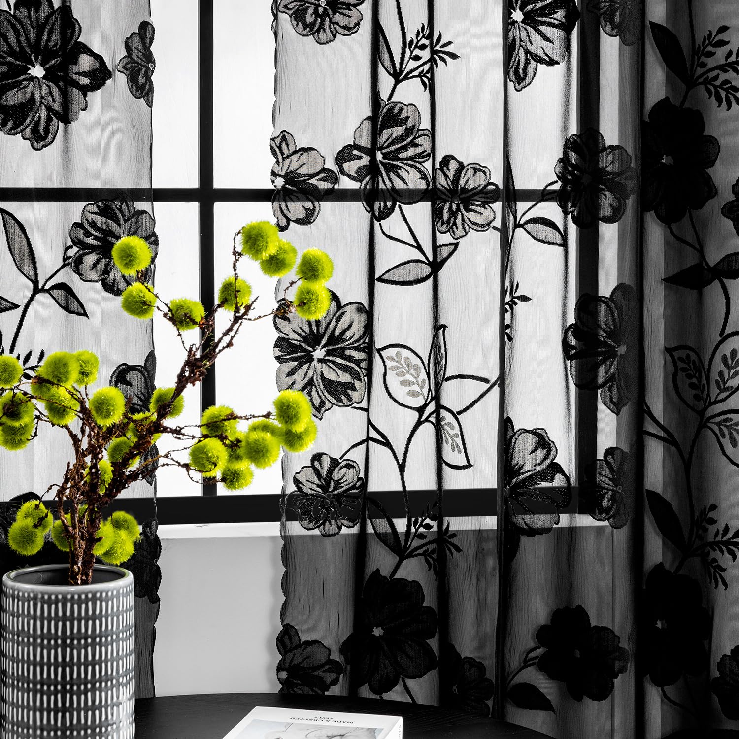 Black Lace Sheer Curtains for Bedroom Living Room 90 Inch Length Light Filtering Leaf and Floral Knitted Semi Sheer Window Curtains Pencil Pleat Elegant French Lace Curtains Home Decor 52"w 1 Pair