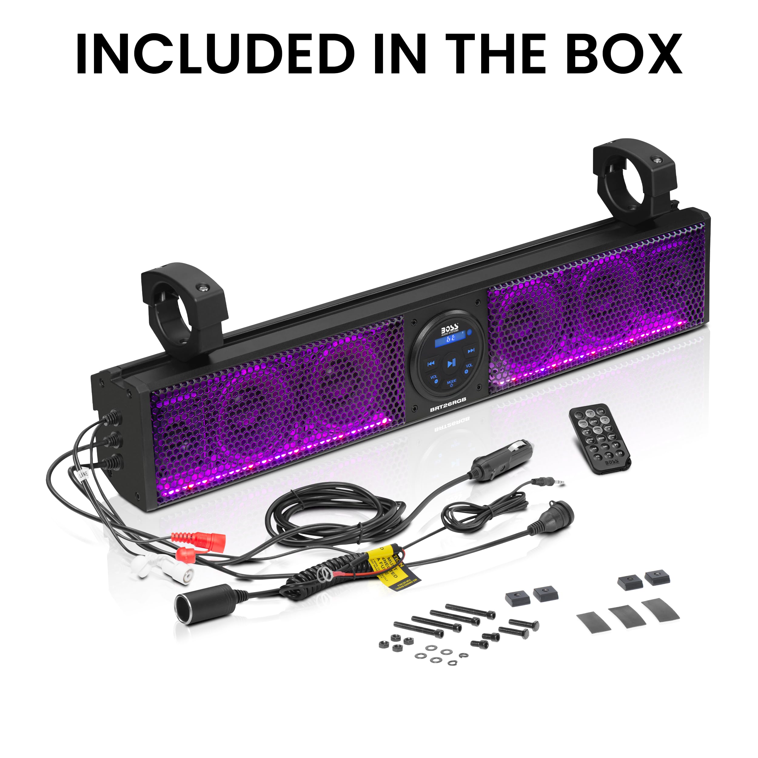 BOSS Audio Systems BRT26RGB ATV UTV Sound Bar - 26 Inches Wide, 4 inch Speakers, 1 Inch Tweeters, IPX5 Weatherproof, Bluetooth, Built-in Amplifier, Multicolor Illumination, Golf Cart Compatible