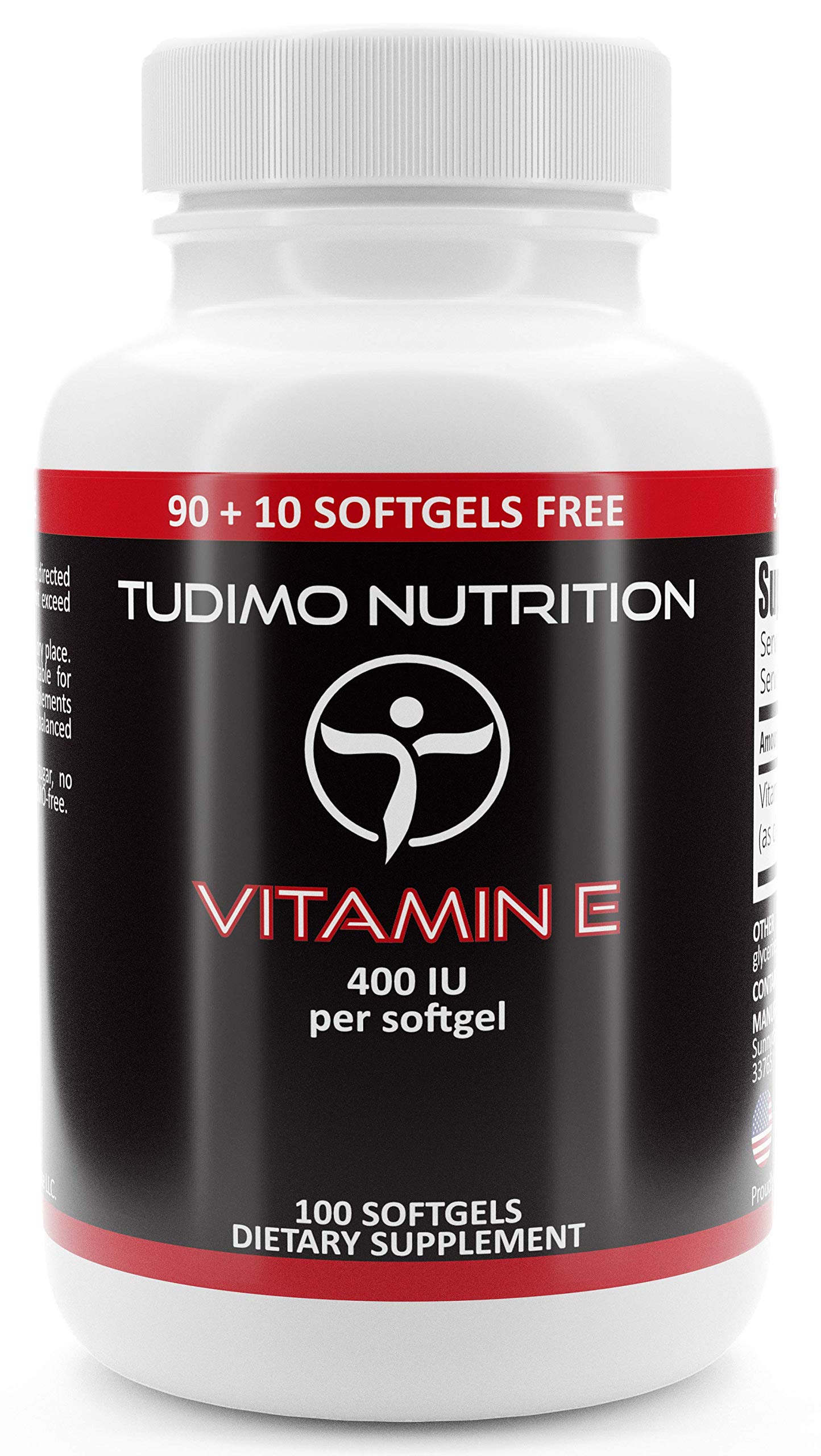 ★ Vitamin E ★ 400 IU per Softgel ★ 100 pcs (3+ Month Supply) of Rapidly Disintegrating Softgel Capsules, Each with 294 mg of Premium Quality Natural D-Alpha Tocopheryl Acetate, by TUDIMO