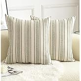 Cethom Decorative Boho Throw Pillow Covers, Farmhouse Textured Pillow Case, 20 x 20 Inch Set of 2, Chair Sofa Bedroom Living Room Home Decor Couch Cushion Case, Olive Green and Beige Striped
