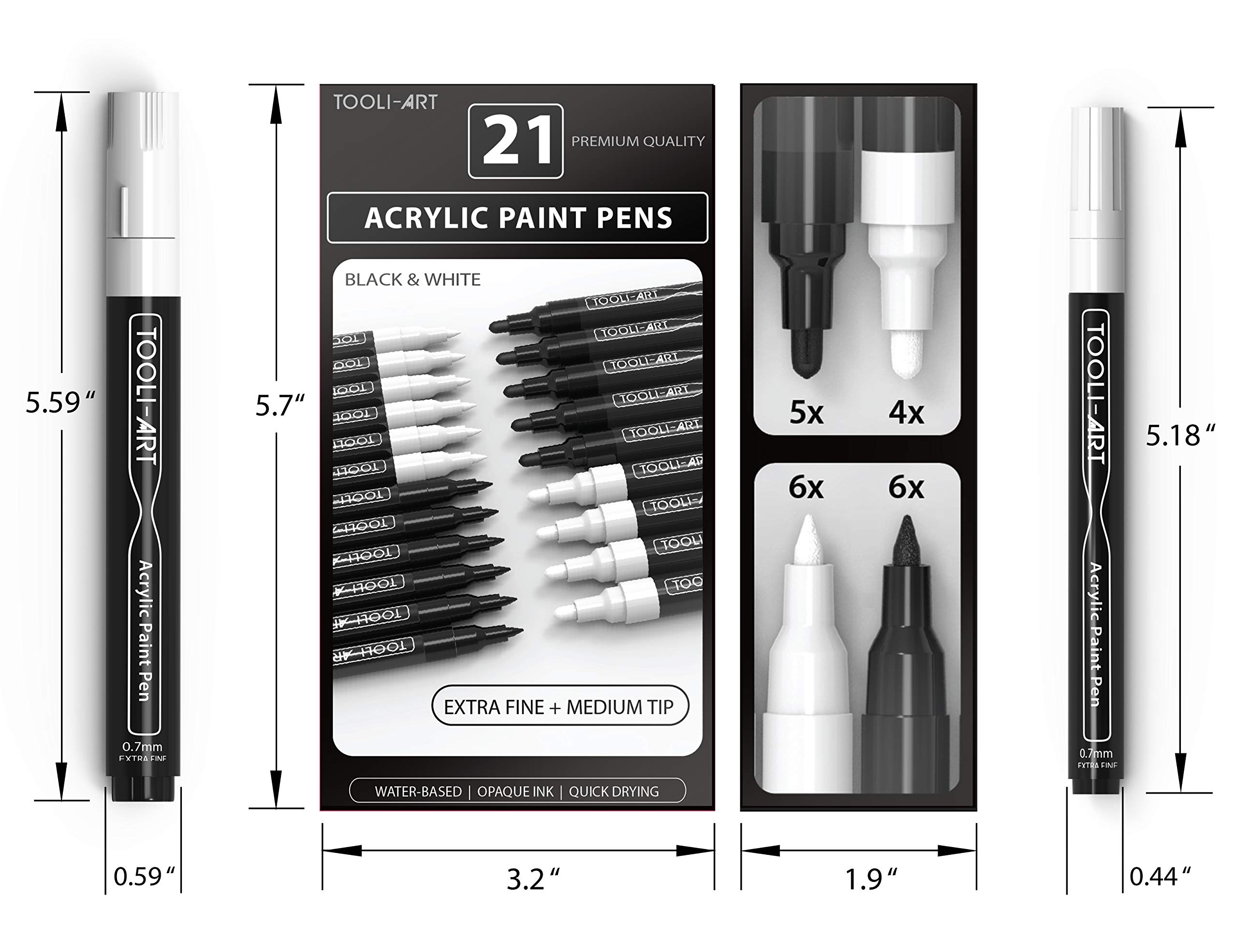 TOOLI-ART Black And White Acrylic Paint Markers Paint Pens Set For Rock Painting, Canvas, Mugs, Metal, Glass Paint, Fabric, Wood, DIY. Non Toxic, Quick Dry,Waterbas (EXTRA FINE & MEDIUM)