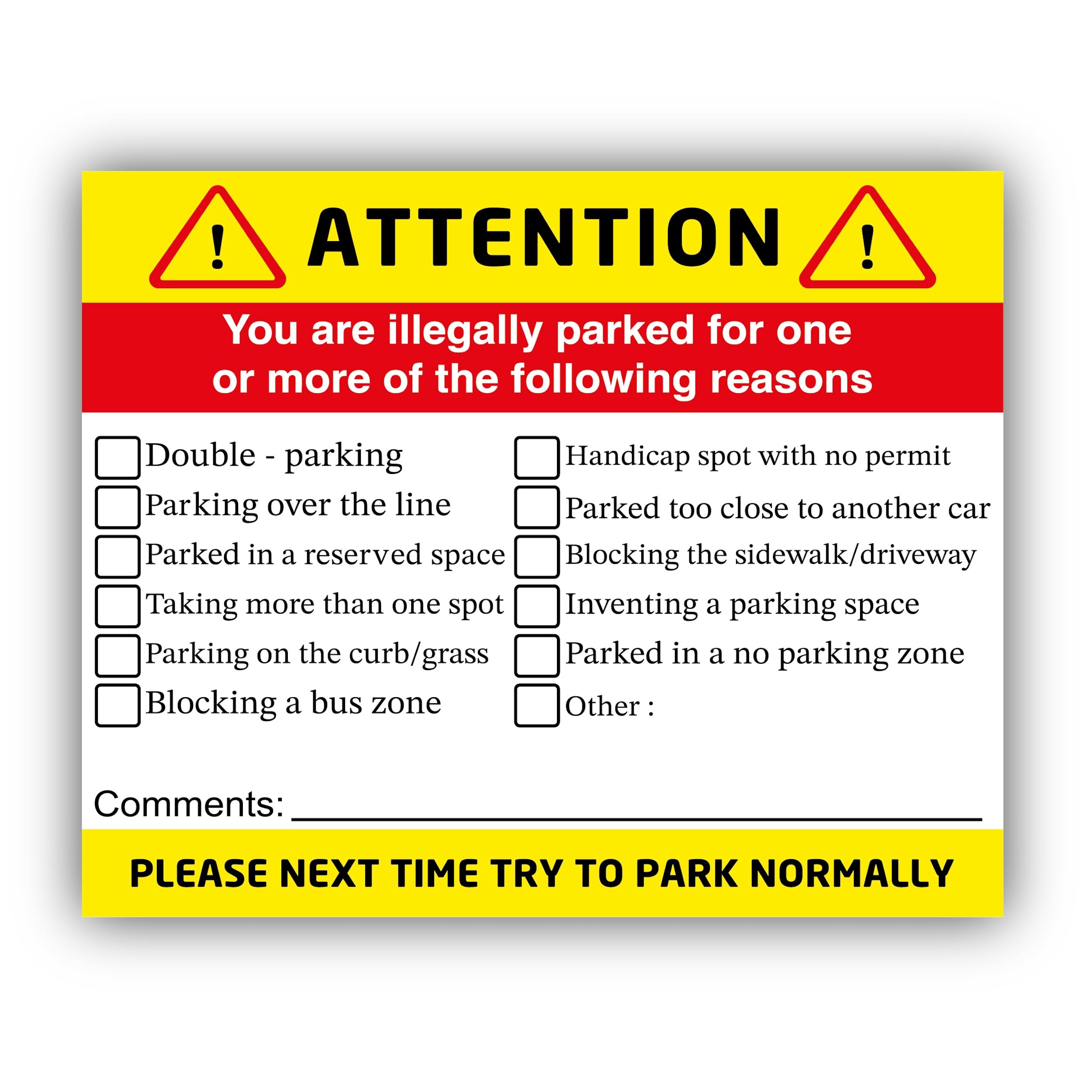 25PCS 8.5 X 10,5 CM Illegally Parked Stickers, Bad Parking Labels, Park Violation Stickers for Cars and Vehicle.