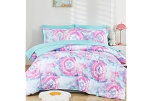 Mooreeke Tie Dye Kids Comforter Bed Set Twin Size for Girls, 6 Pieces Bed in a Bag with Shams, Sheet Set, A Toy Pillow Dark Pink Round Flower Twin Soft Microfiber Kids Comforter Bedding Set