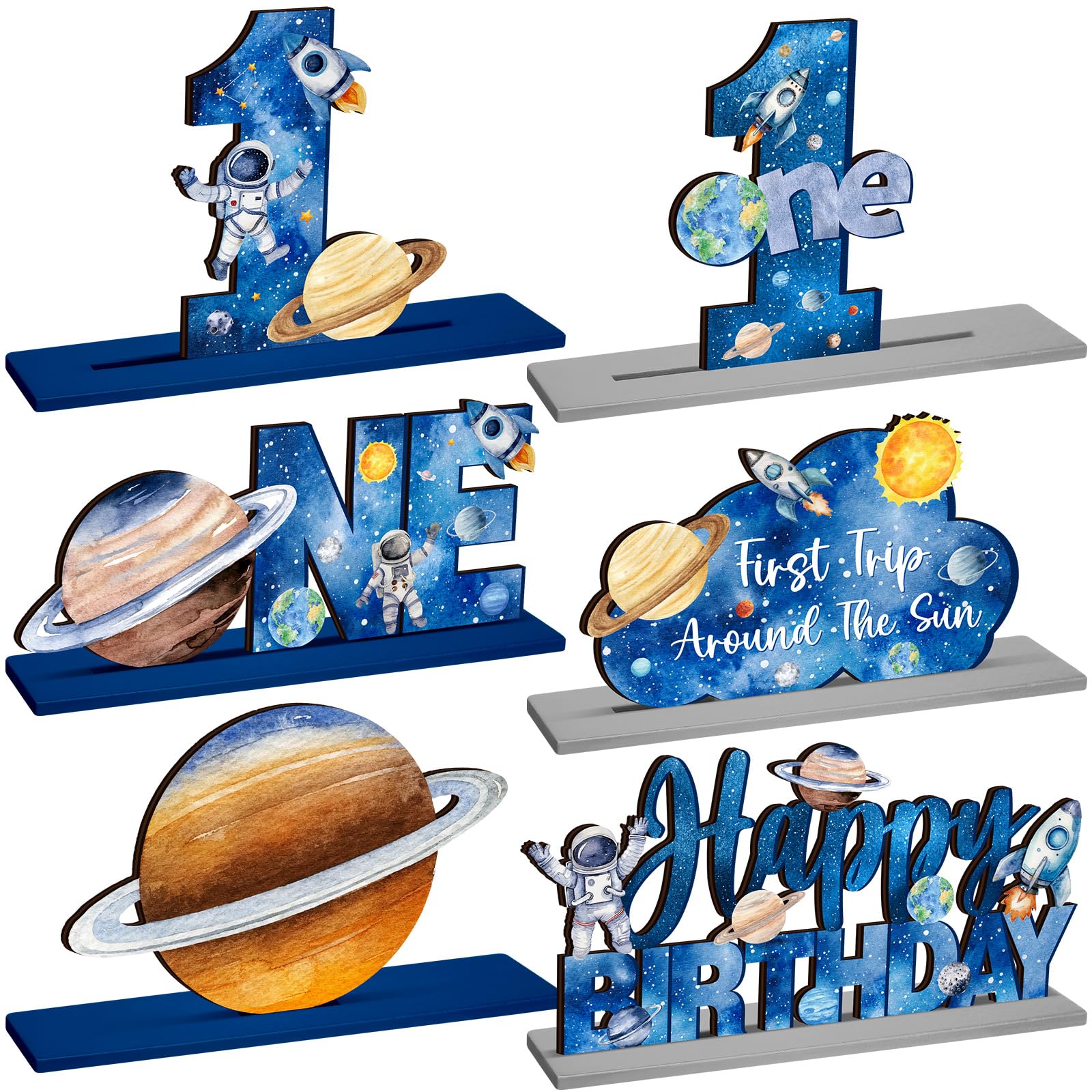 Photo 1 of Quzzil 6 Pcs First Trip Around The Sun 1st Birthday Party Decorations Wooden Table Centerpiece Outer Space Solar System Theme Table Decoration Kids Theme Party Supplies