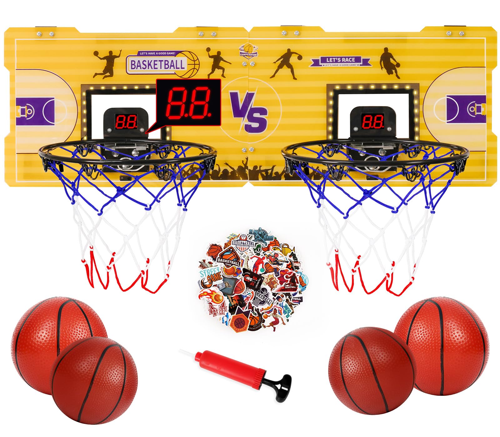 Photo 1 of FBSPORT Basketball Hoop Indoor, 2 Player Door Basketball Hoop Indoor Mini Basketball Hoop with 4 Balls and LED Light, Over The Door Basketball Hoop for Bedroom Office, Basketball Gifts Toys for Kids