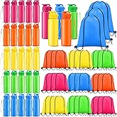 Skybooly 60 Pieces 17 oz Plastic Water Bottles Bulk and Drawstring Backpack Set 30 Reusable Plastic Biking Water Bottle 30 Sport Gym Goodie Gift Bag for Summer School Gym Travel(Multicolor)