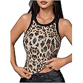 SHENHE Women's Leopard Sequin Tank Tops Crewneck Sleeveless Slim Fit Rave Vest