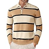 EDITCOZY Men Casual Polo Shirts Vintage Striped Golf Shirts Knit Rugby Shirt Lightweight Polo Sweater
