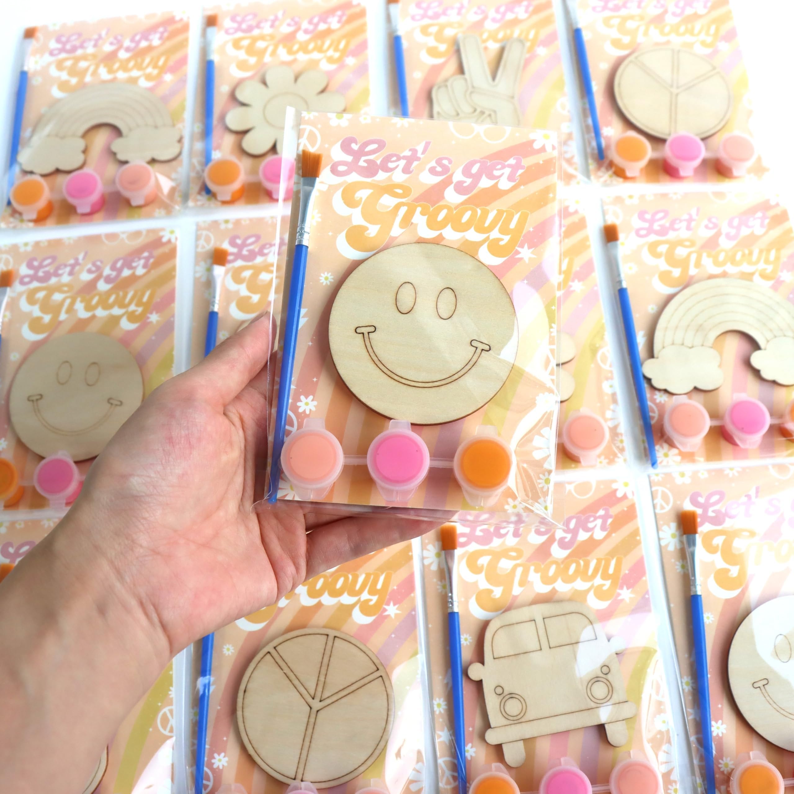 Photo 1 of 12 Pack Pre-Packaged Groovy Party Favors, Wooden Retro Cutouts with Magnets & Painting Kits for Kids, 70s Theme Birthday Decorations & Thank You Gifts for Guests