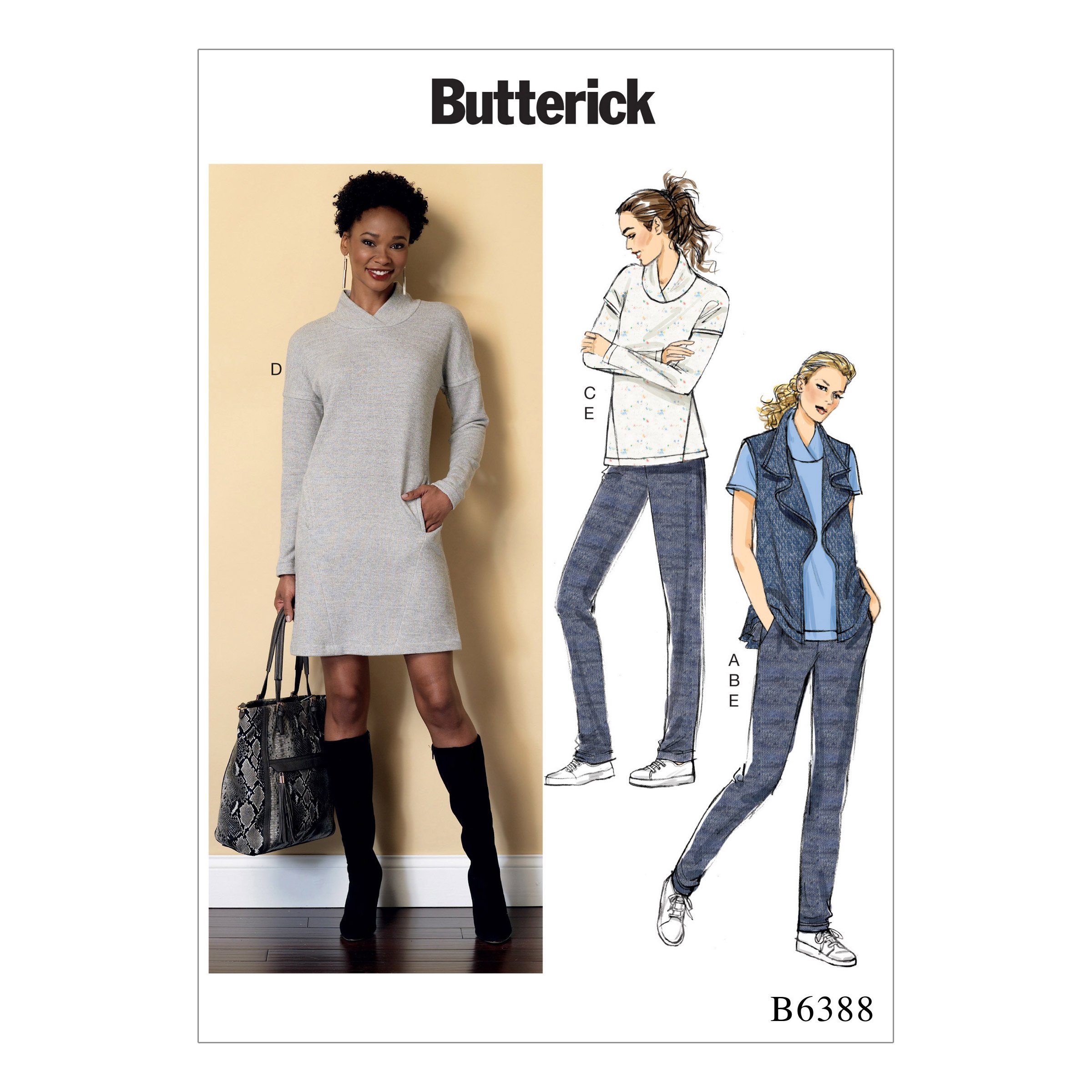 Butterick Sewing Pattern B6388 Misses’ Lapped Collar Tops and Dress, Draped Collar Vest, and Pleated Trousers